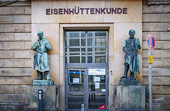 AACHEN, GERMANY. OCTOBER 04, 2020. Statues next to the entrance to the Ferrous Metallurgy Museum