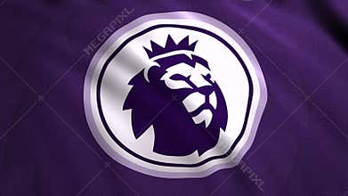 Waving abstract flag with the logo of the new English Premier League. Motion. A lion with a crown inside a circle. For