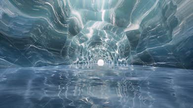 Blue ice tunnel crystal cave with water sea futuristic corridor
