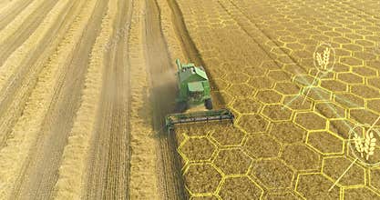 Digitalization of agriculture. Agriculture business infographics. The harvester is harvesting from a wheat field