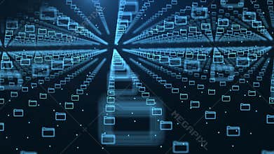 abstract dark blue digital grid data Data Stream Tunnel into communication technology background.