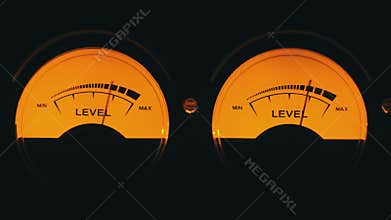 Two Analog Arrow Indicators of Sound Signal Level in Vintage Stereo Style