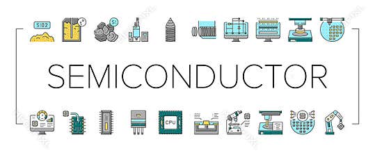 Semiconductor Manufacturing Plant Icons Set Vector .