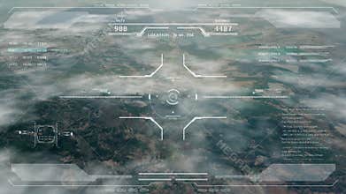 Aerial view HUD digital futuristic surveillance monitor screen display. Hi technology satellite crosshairs target 4K motion