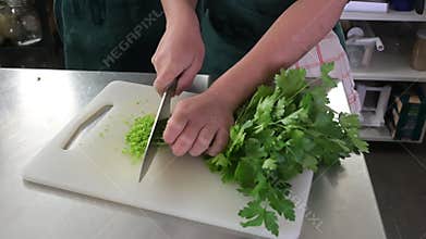 Cutting parsley with a knife in a kitchen