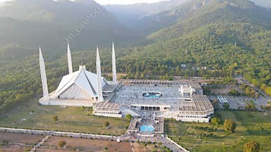 4K Areal view of The Faisal Mosque is the largest mosque in Pakistan