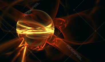 Blazing golden glossy 3d ball or sphere with red hot rushing flames around in deep dark space.