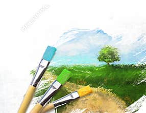 Artist brushes with a half finished painted canvas
