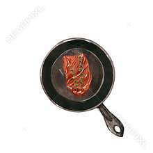 Raw meat on a cast iron pan with thyme