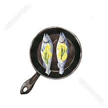 Fresh fish on a cast iron pan with lemon slices, watercolor clipart
