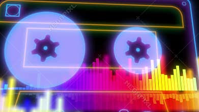 Vintage neon cassette tape animation template. Music notes and spectrum. Music equalizer concept visualization. Audio