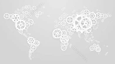 Clean stylish design of rotating gears cogwheels making global world map. Economic, social or political cooperation. Global