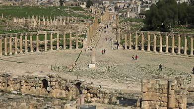 The Oval Forum and Cardo Maximus in the ancient Jerash, Jordan.