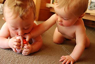 Baby twins playing with toy