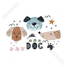 Cute dog face childish print. Printable templates. Perfect for t-shirt, apparel, cards, poster, nursery decoration. Vector
