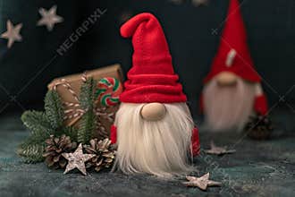 Snow gnomes or elves. Christmas toy. Selective focus