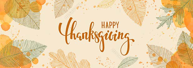 Happy thanksgiving brush pen lettering. watercolor splash and linear leaves background. design holiday greeting card and
