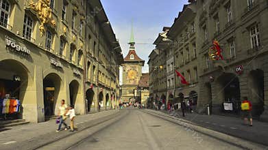 Timelapse with red tram on the street in the city center of the Swiss capital