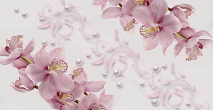 3d wallpaper texture,  pink orchids on watercolor paper, delicate flower design