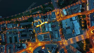 Hyper Lapse Time Lapse of Frankfurt am Main, Germay Night City traffic with orange lit streets, Aerial Birds Eye