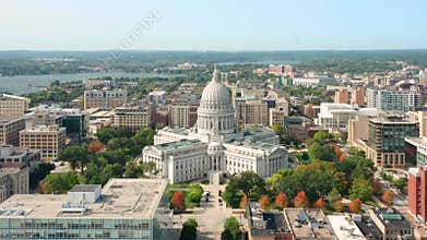Slow drone pull back away from Wisconsin State Capitol