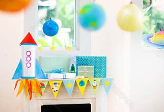 Space theme kids birthday party. Room decoration