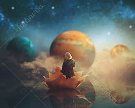 Little girl travelling through dream world, floating on a big fallen leaf; imagination/fantasy background; Elements of this image
