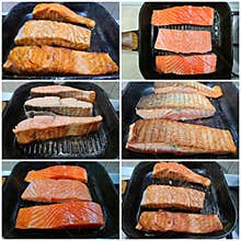 Salmon fillet fresh fish cooked grill pan collage