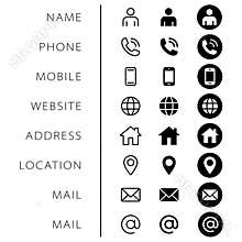 Company Connection business card icon set. Phone, name, website, address, location and mail logo symbol sign pack.