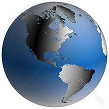 World Globe:America, with blue-shaded oceans