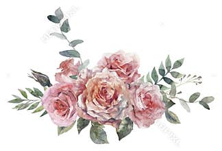Flower pink rose, green leaves. Watercolor floral clipart. Wedding concept with flowers