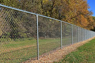 New chain link fence surrounded with autumn leaves