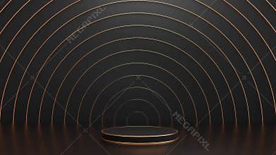 Abstract beige catwalk in geometric shapes. A pedestal made of granite stone in the shape of a cylinder for the presentation of a