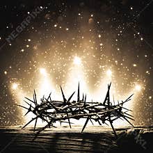 Crown Of Thorns On Wooden Cross With Bright Sparkling Crown Of Light In Background