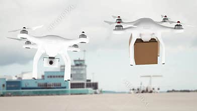 Animation of drones carrying parcel flying over out of focus airport