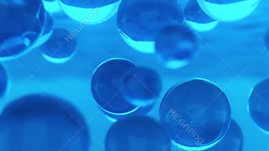 Realistic water bubbles collection on dark blue background. Bubble oil on water background blue color. Flying abstract glass or