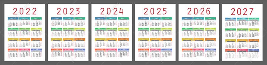 Calendar 2022, 2023, 2024, 2025, 2026 and 2027 year set. Vector pocket calender template collection. January, February, March,