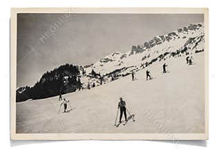 Vintage photo skiing man in snow Antique picture