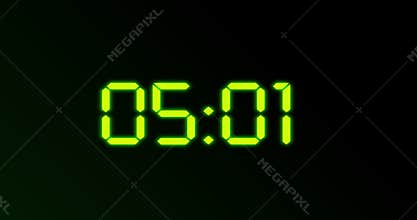 Digital clock counting from one to ten. Counter timer ten second. Green glow numbers on dark background