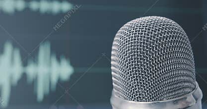 Close up of metallic microphone during podcast recording session