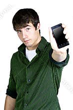 A young man holding a phone