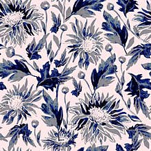 Watercolor Chrysanthemum flowers, leaves, stems and buds in blue halftones.