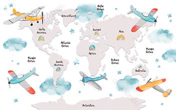 World map for kids with cute cartoon planes, clouds and rainbows. Children's map design for wallpaper, kid's room, wall