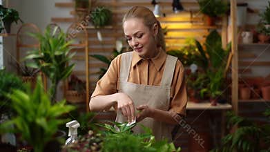 Portrait of happy attractive female florist takes care of plants at home with hands, dusting flowers.