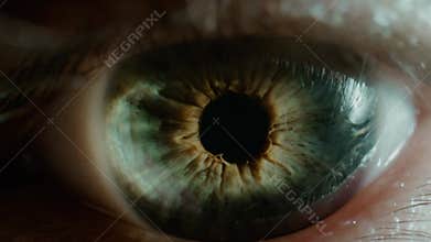 Person with amazing eye and small pupil looks into camera
