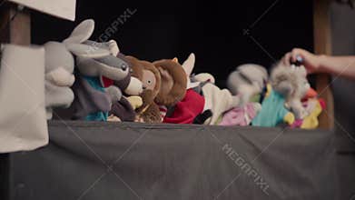 Puppet Show Stuffed Animal Toys Put On Hands Dancing Impromptu Scene Handmade Theater
