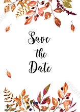 Watercolor autumn leaves border. Wedding invitation template. Orange, red, brown leaves and foliage botanical frame. Fall card