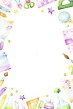 Colorful rectangular watercolor back to school frame with craft and art supplies, stationery items, such as notepad, planner