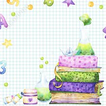 Square template, banner, with colorful watercolor back to school illustrations including stack of text books, laboratory glassware
