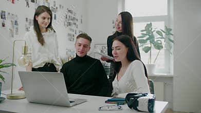 Freelancer ladies and man enjoy online meeting with boss